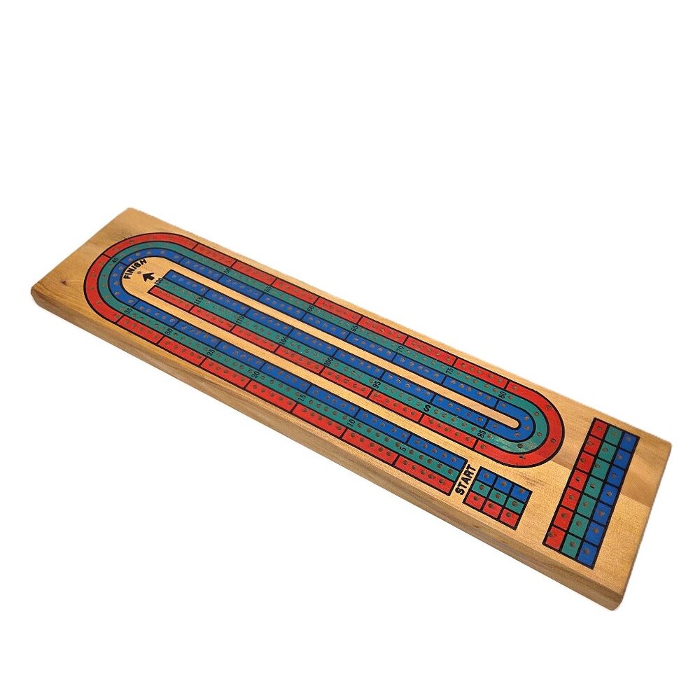 Wood Cribbage Board 3 Track with Pegs Red Blue Green